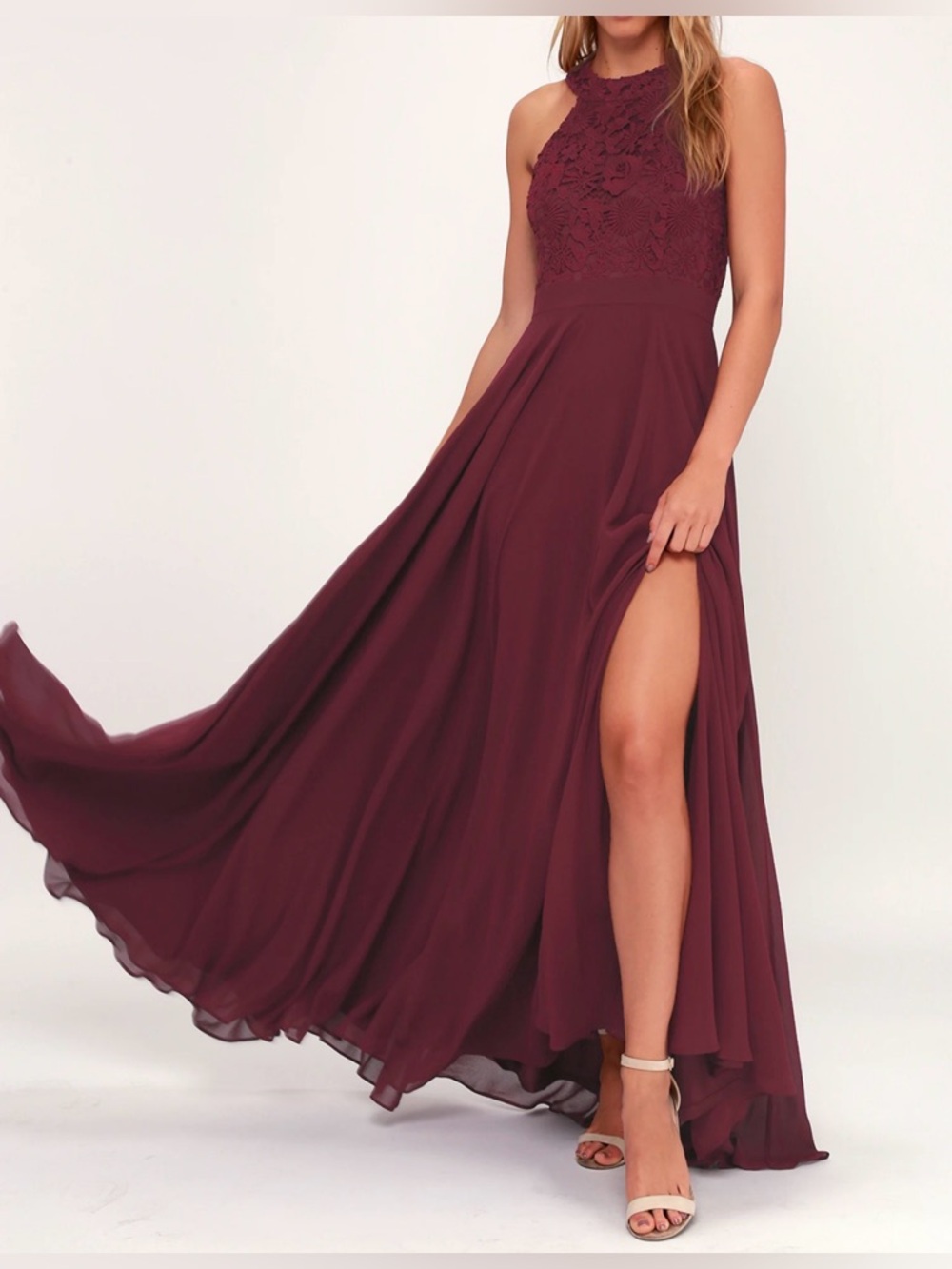 New! Lulus Picture Perfect Burgundy Lace Maxi Dress